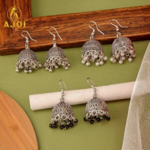 Classic Oxidised Silver Pearl & Beaded Jhumka Earrings Combo Set for Women & Girls (Set of 3)