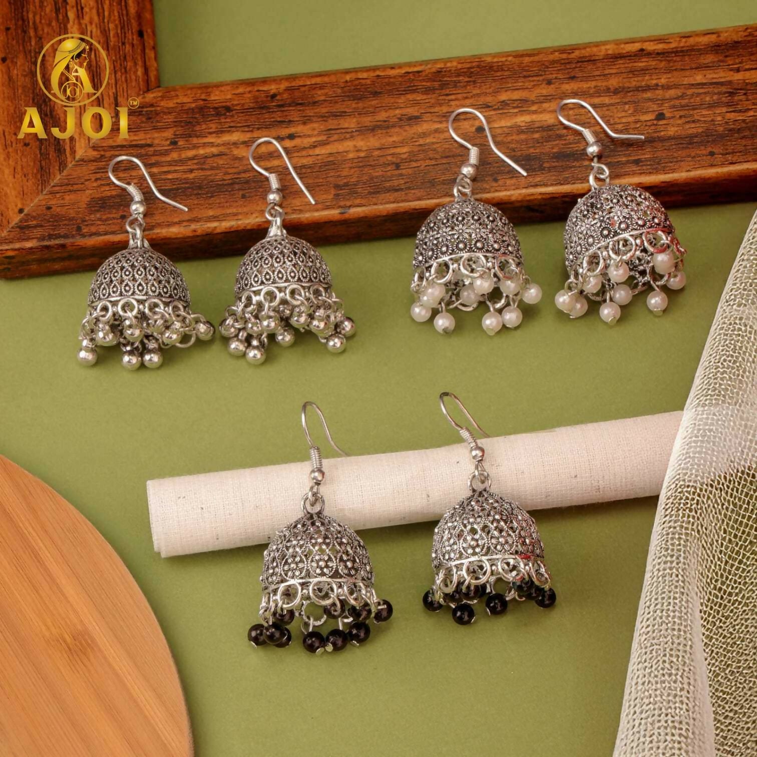 Classic Oxidised Silver Pearl & Beaded Jhumka Earrings Combo Set for Women & Girls (Set of 3)