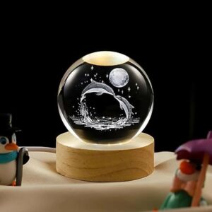 Premium 3D Dolphin Crystal Ball LED Night Lamp with Wooden Base