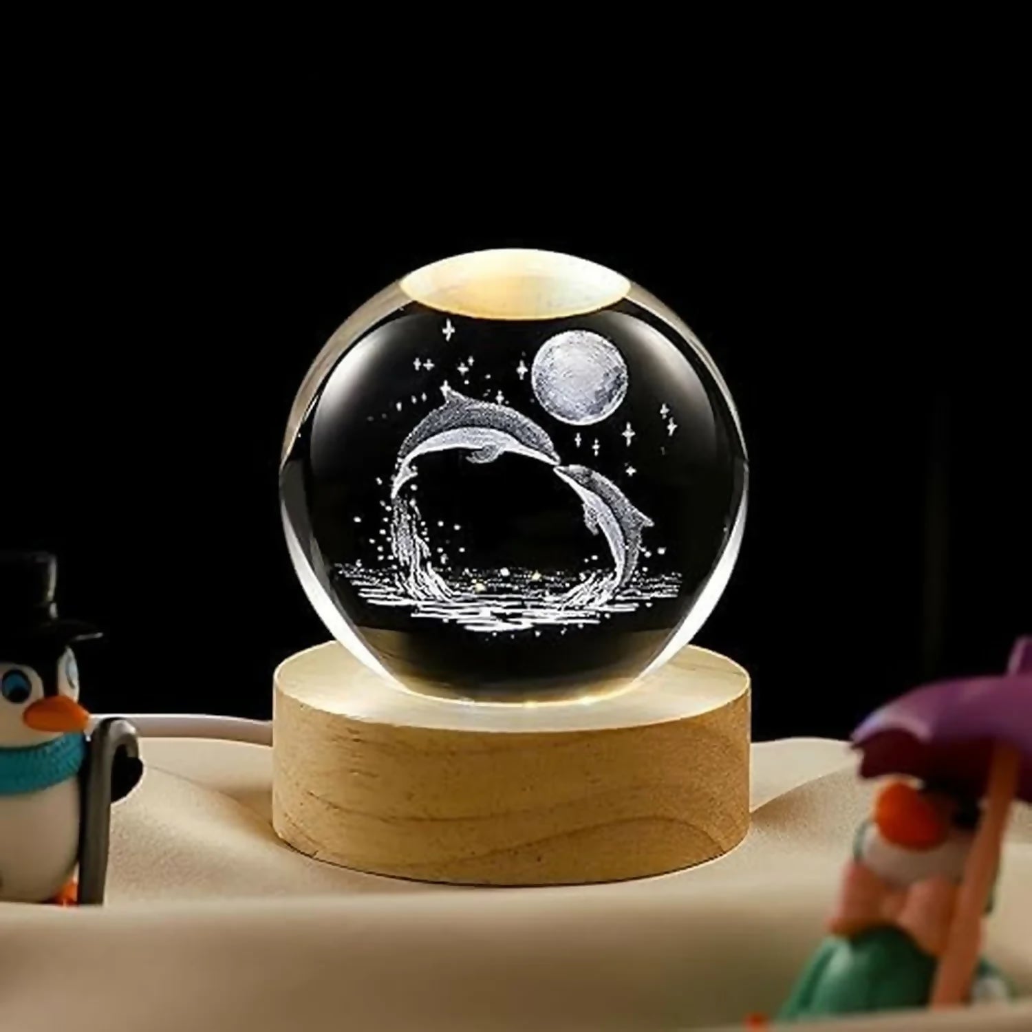 Premium 3D Dolphin Crystal Ball LED Night Lamp with Wooden Base