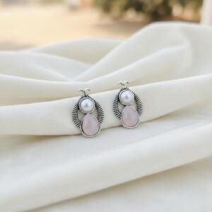 The Rose & Pearl Duet: Vintage-Finish Silver Drop Studs earrings