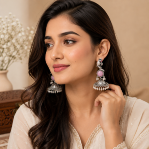 Elegant Oxidized Peacock Jhumka Earrings with Pink Stone & Pearl for Women Girls