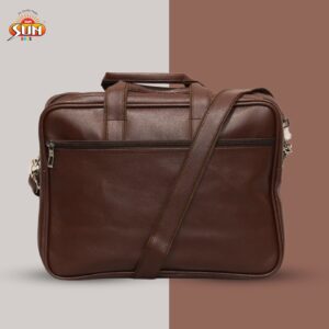 Premium Coffee Leather Laptop Bag with Shoulder Strap for Office & Travel