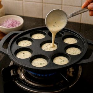 Heavy Duty Cast Iron 9 Cavity Appam Patra Paniyaram Pan with Dual Side Handles (1 Pc)