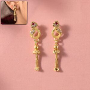 Gold-Plated Traditional Casting Chain Drop Earrings with Ruby and AD Stones