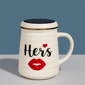 Cute White Ceramic "Hers" Mug with Red Lip Print and Lid