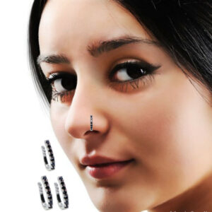 Silver Black CZ Single Row Non-Pierced Nose Cuff/Ring Combo Pack of 3