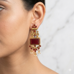 Elegant Oxidised Gold Plated Red Stone Peacock Design Dangler Earrings for Women and girls