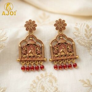 Antique Temple Doli Design Earrings with Red Bead Drops for Ethnic Festive Wear