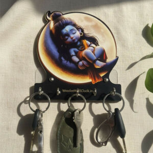Baby Shiva Wooden Printed Key Holder with 5 Hooks & Self-Adhesive No-Drill Wall Mount