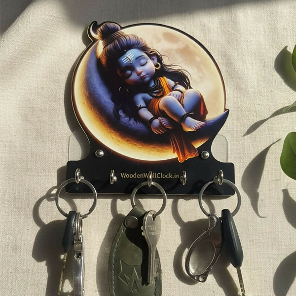 Baby Shiva Wooden Printed Key Holder with 5 Hooks & Self-Adhesive No-Drill Wall Mount