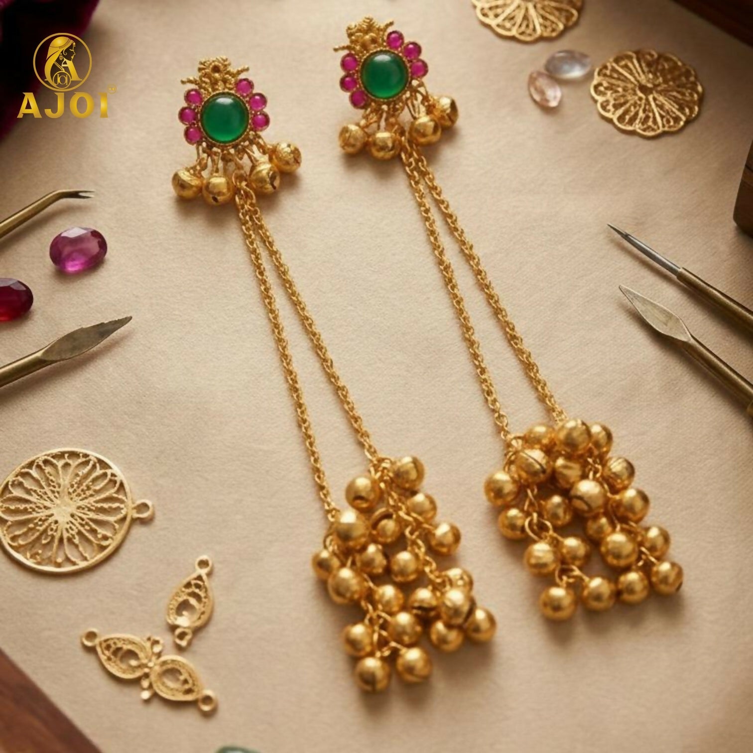 Imperial Kashmiri-Inspired Gold-Plated Ear Cuff Chain Earrings