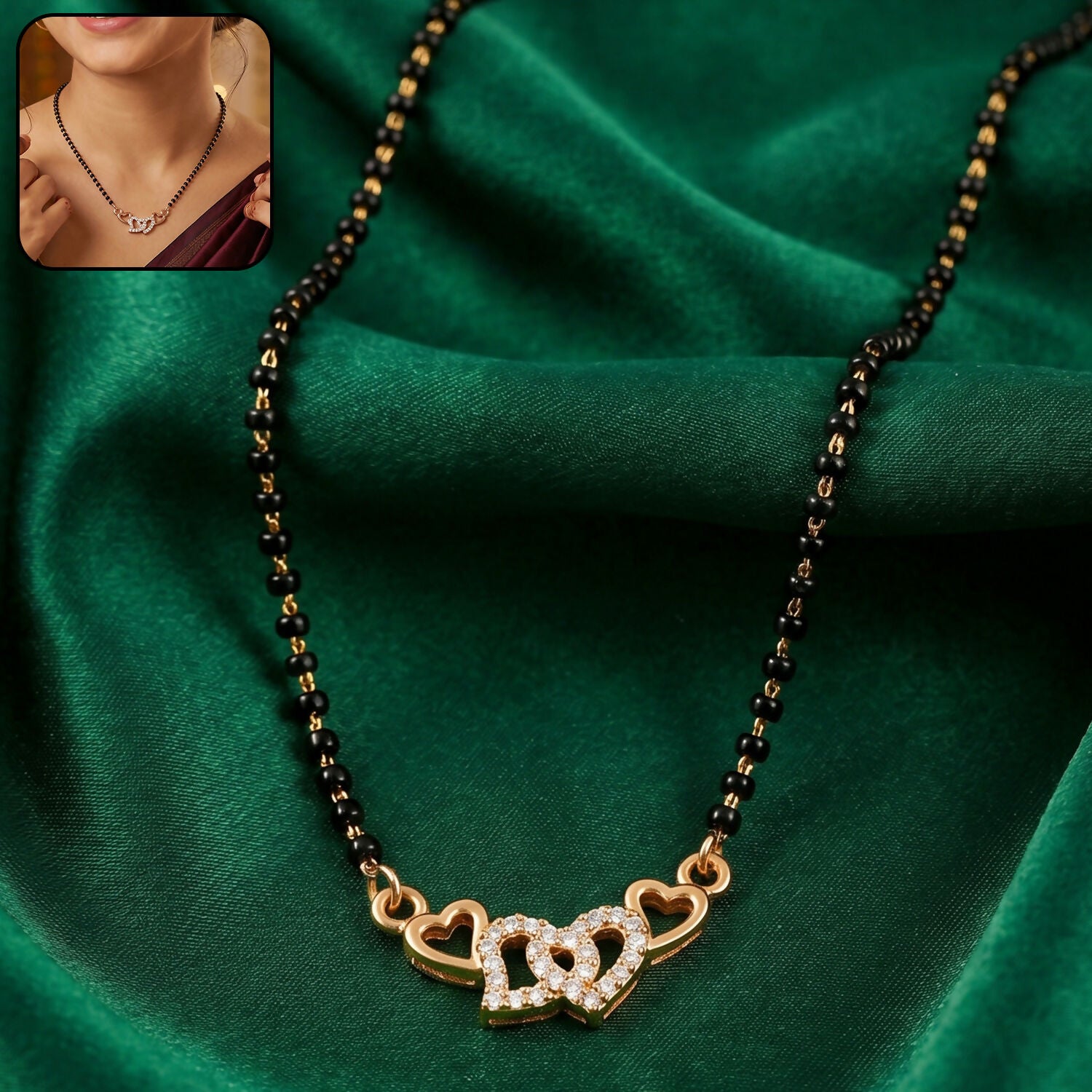 Double Heart Design Mangalsutra Necklace with Crystal Detailing 1 Pc