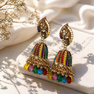 Multicolor Stone Jhumka Earrings with Beads Drop Gold Plated Ethnic Traditional Earrings for Women