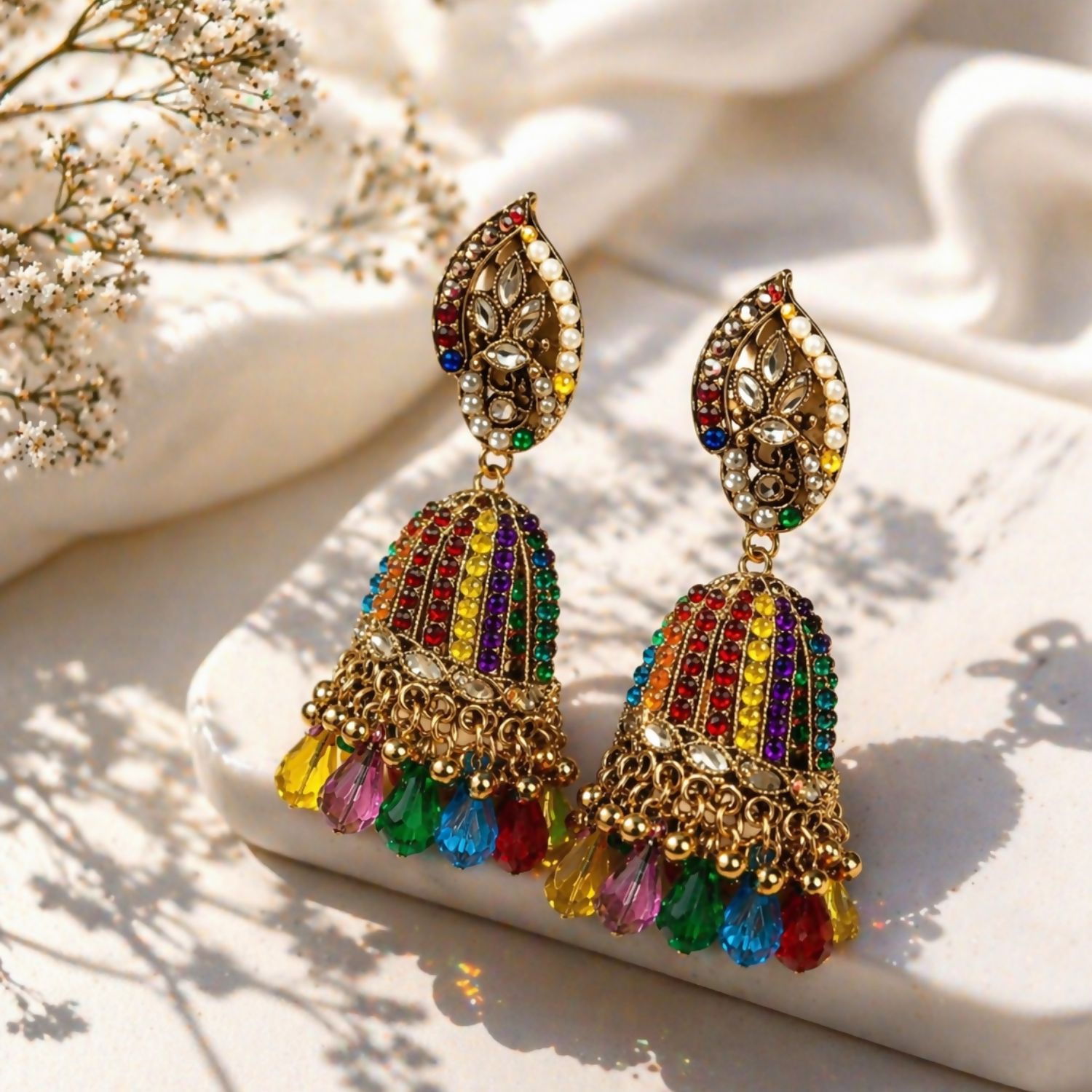 Multicolor Stone Jhumka Earrings with Beads Drop Gold Plated Ethnic Traditional Earrings for Women