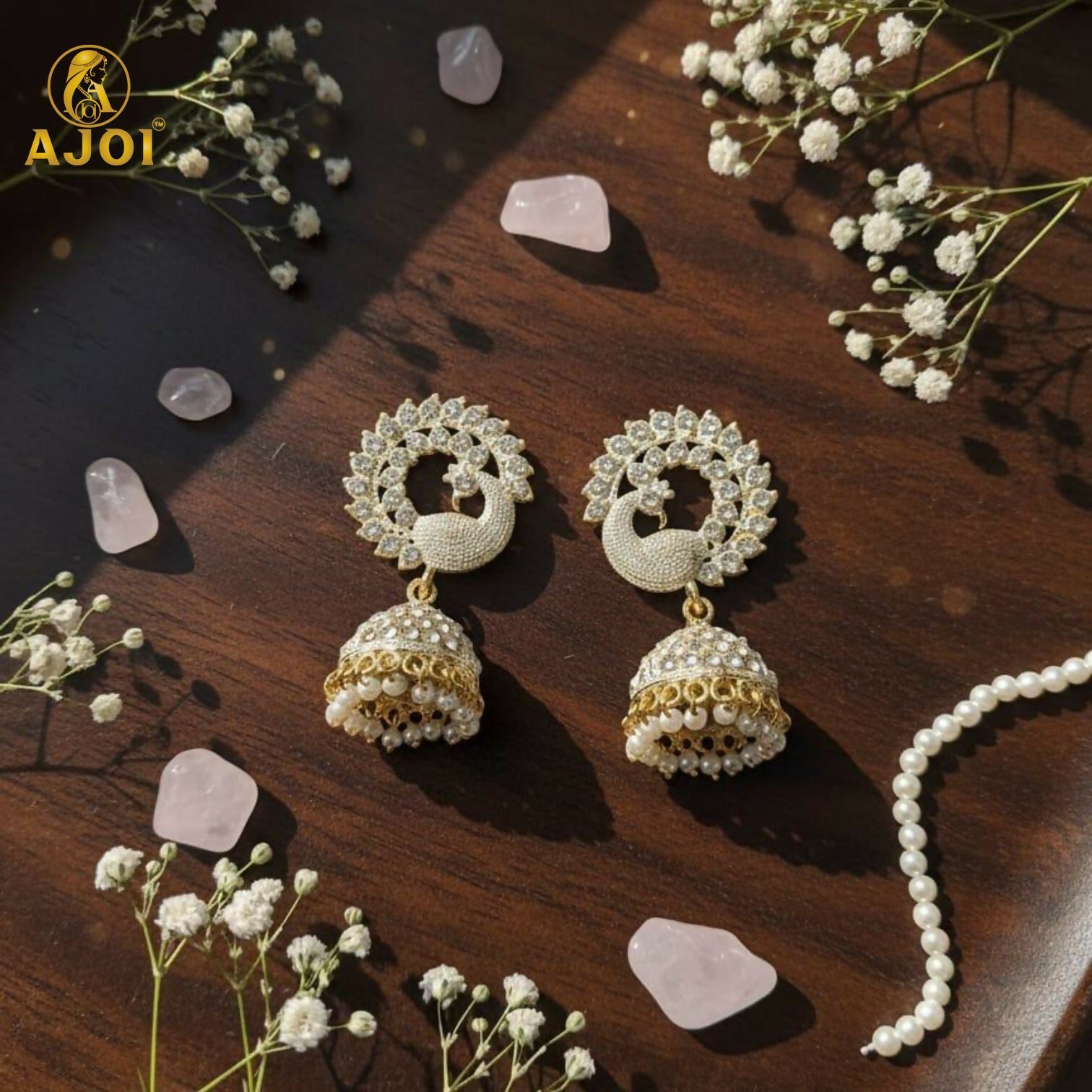 Elegant White Stone Pearl Jhumka Earrings