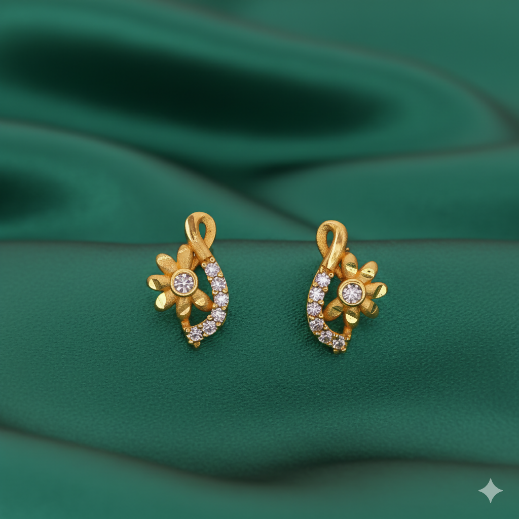 Gold Plated Floral S-Curve Stud Earrings with AD for women and girls