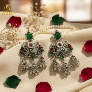 Premium Oxidised Silver Chandbali Jhumka Earrings with Green Stone