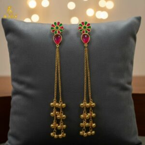 Kashmiri Gulbahar Gold Plated Long Chain Drop Earrings with Red & Green Stones