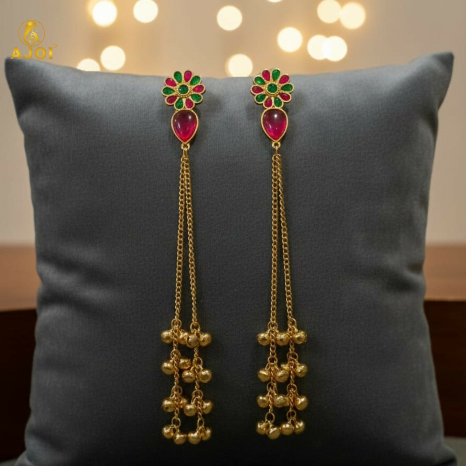 Kashmiri Gulbahar Gold Plated Long Chain Drop Earrings with Red & Green Stones