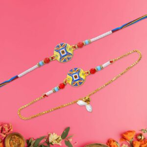 Elegant Lumba Rakhi Set for Bhabhi with Colorful Meenakari Design and Hanging Beads (1 Pair)