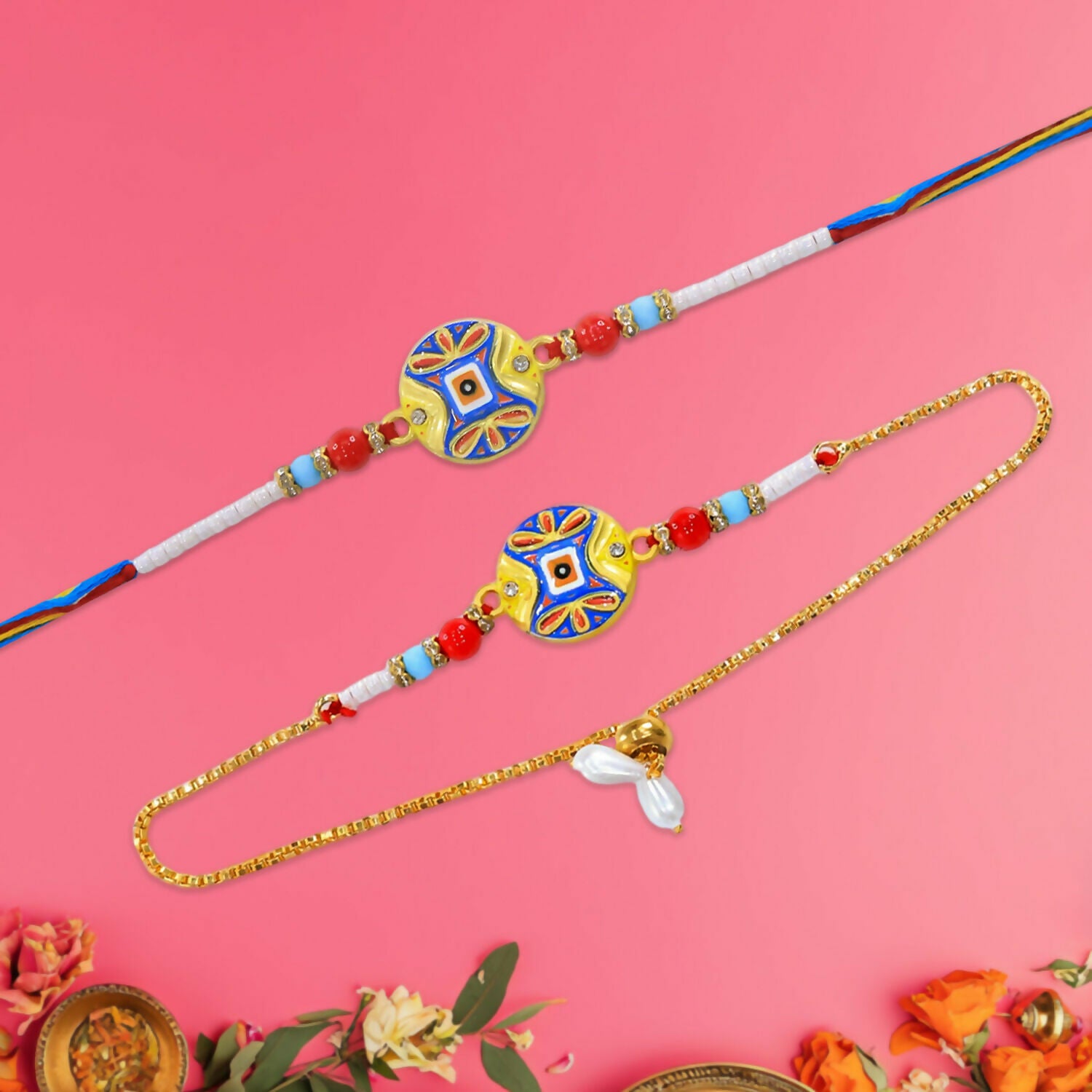 Elegant Lumba Rakhi Set for Bhabhi with Colorful Meenakari Design and Hanging Beads (1 Pair)