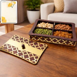 Dry Fruit Storage Box with 4 Compartments and Decorative Golden Lid