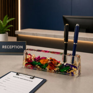Resin Floral Paper Weight with Dual Pen Holder for Office Desk