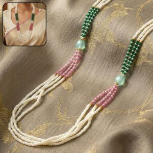 Elegant Multi-Layer Pearl Beaded Necklace with Green, Pink & Pastel Stone Accents