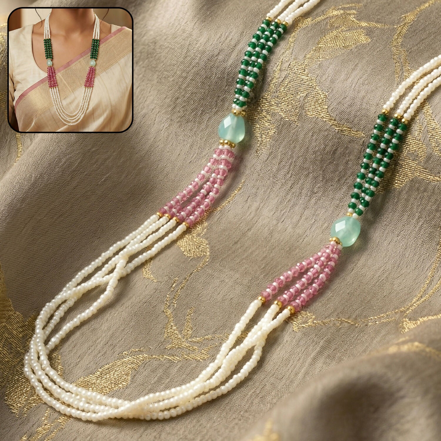 Elegant Multi-Layer Pearl Beaded Necklace with Green, Pink & Pastel Stone Accents