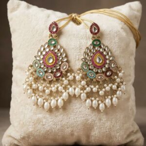 Kundan & Meenakari Handcrafted Chandbali Earrings with Pearl Drops