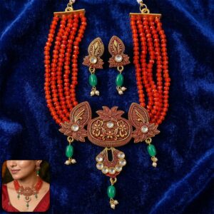 Traditional Red Beaded Designer Necklace Set with Earrings Ethnic Adjustable Thread Jewelry Set
