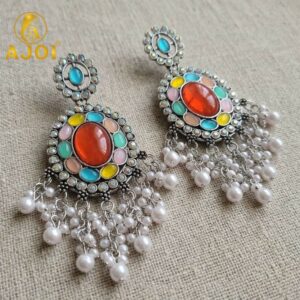 Oxidized Oval Earrings with Multicolor Stones & Pearl Tassel Drops
