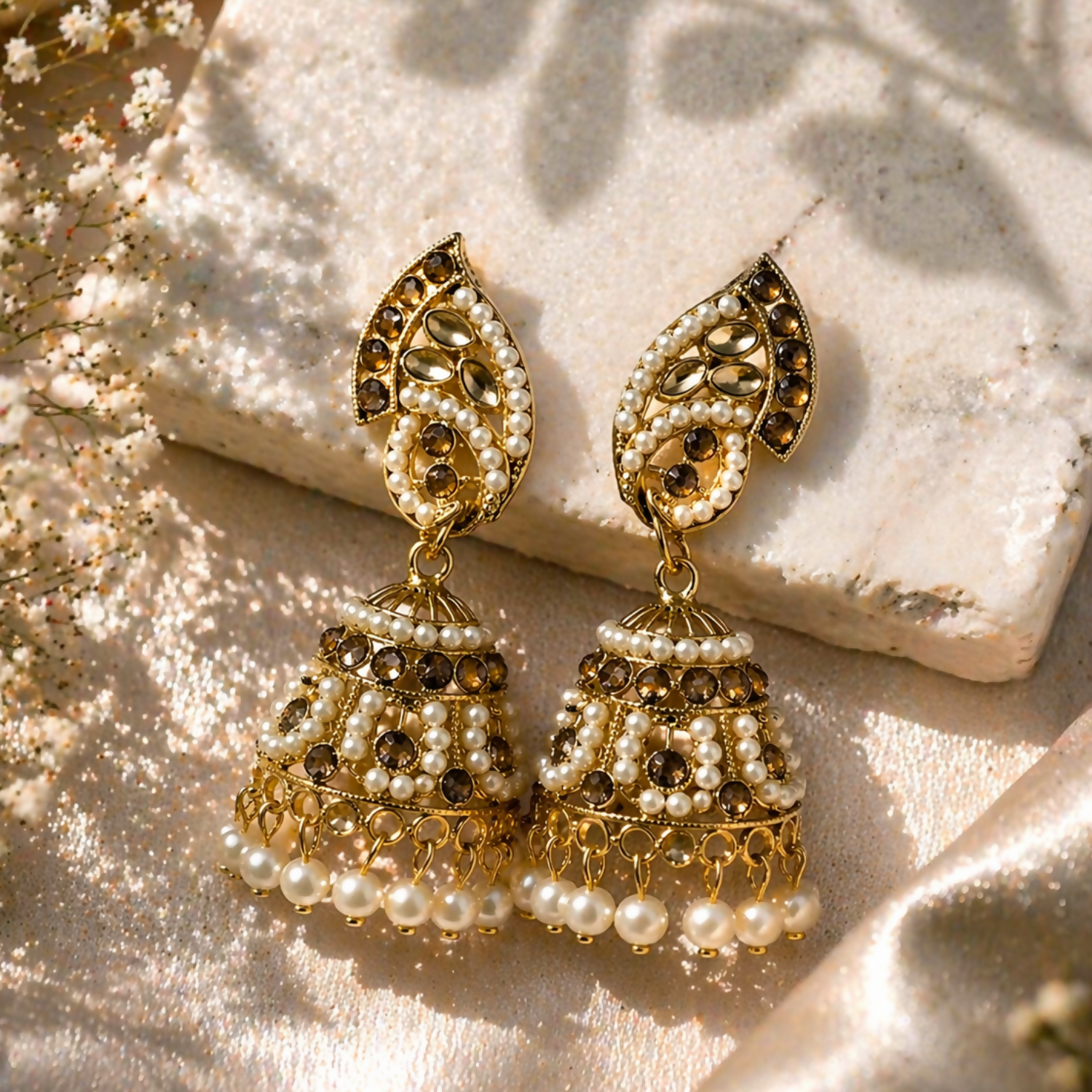 Gold Plated Pearl Jhumka Earrings with Stone Work Traditional Ethnic Design for Women