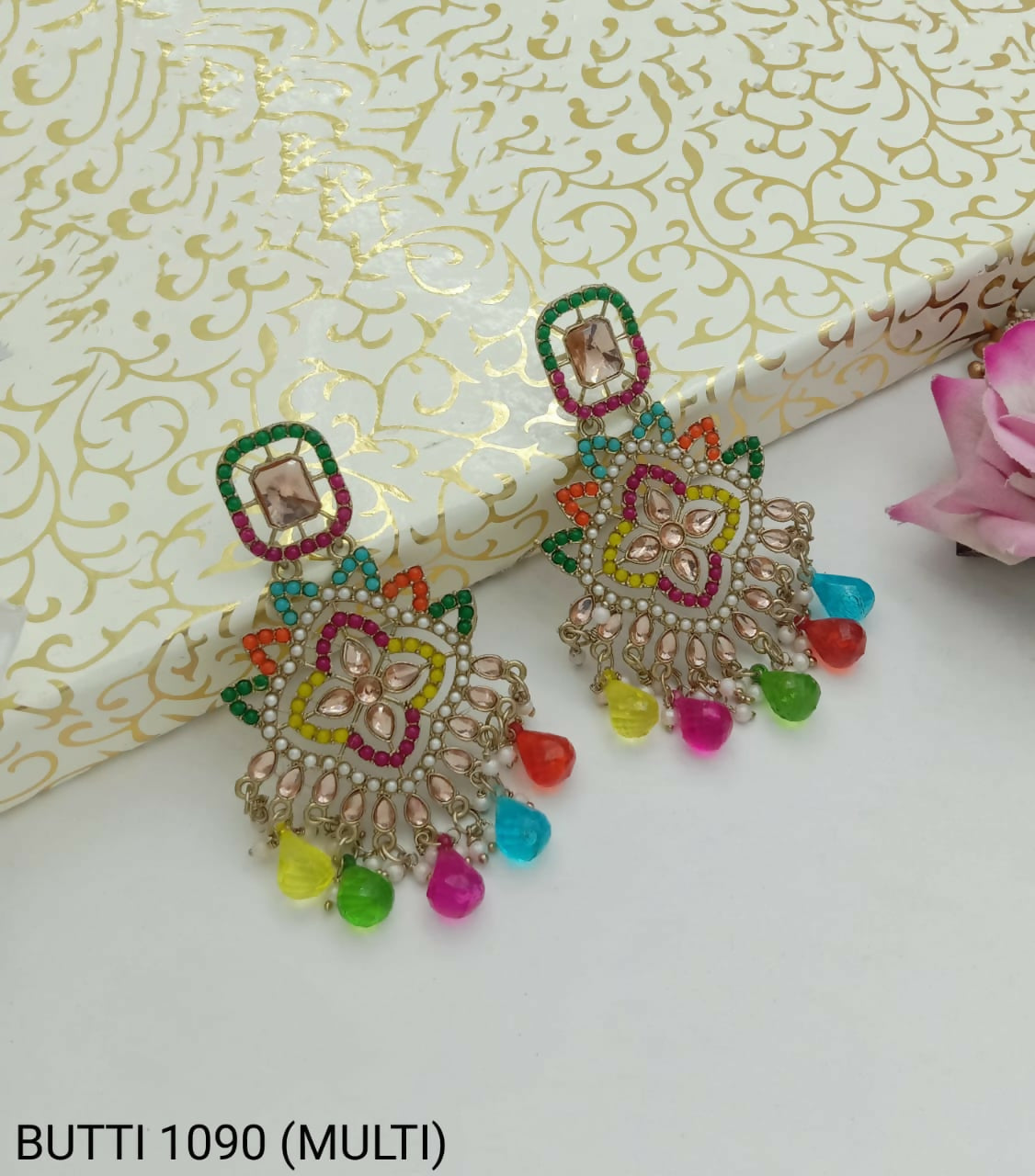 Intricate Gold-Toned Multi-Hue Floral Earrings for Party Wear