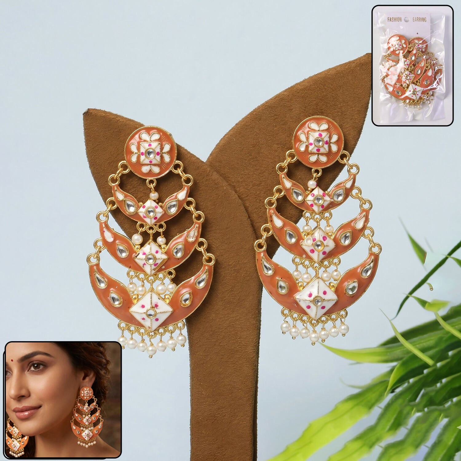 Peach Gold Traditional Designer Drop Earrings (1 Pc)