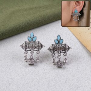 Oxidized Silver-Plated Sky Blue Leaf Stud Earrings with Mini Jhumki Hangings
