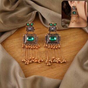 Kashmiri Antique Long Tassel Earrings with Green Stone & Ghungroo Chain Drops