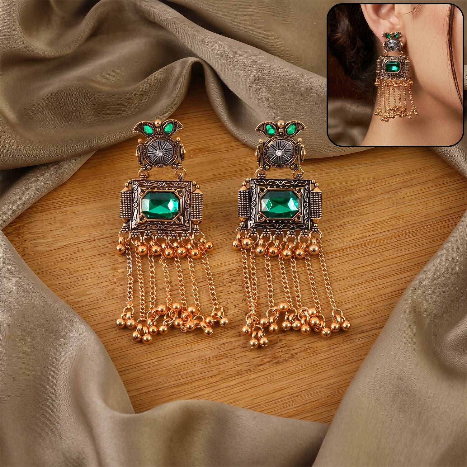 Kashmiri Antique Long Tassel Earrings with Green Stone & Ghungroo Chain Drops