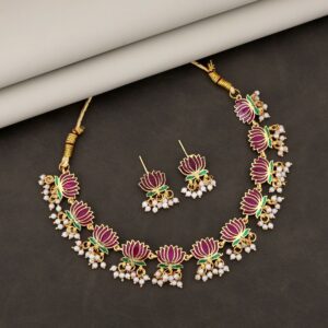 Elegant Gold-Toned Pearl & American Diamond Cluster Choker Set