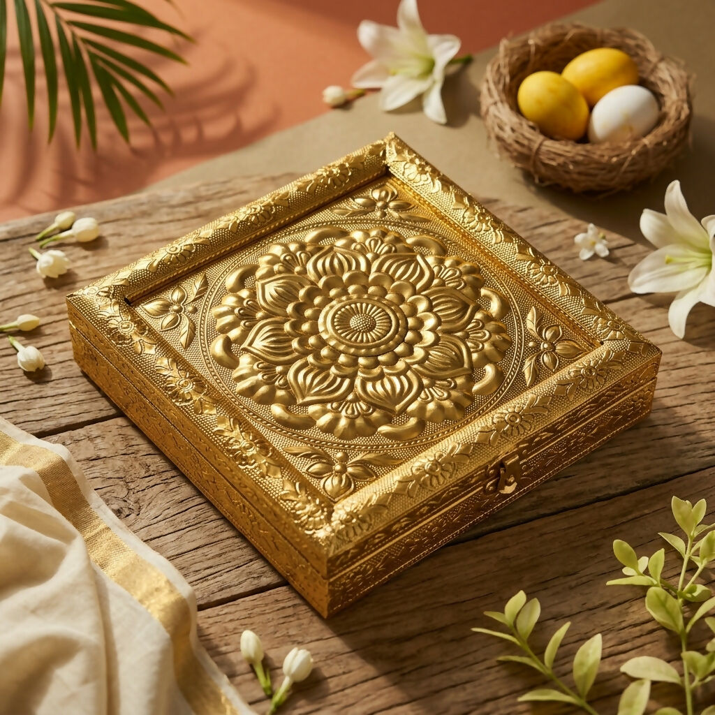 Handcrafted Golden Embossed Floral Mandala Design Metal Jewelry Box