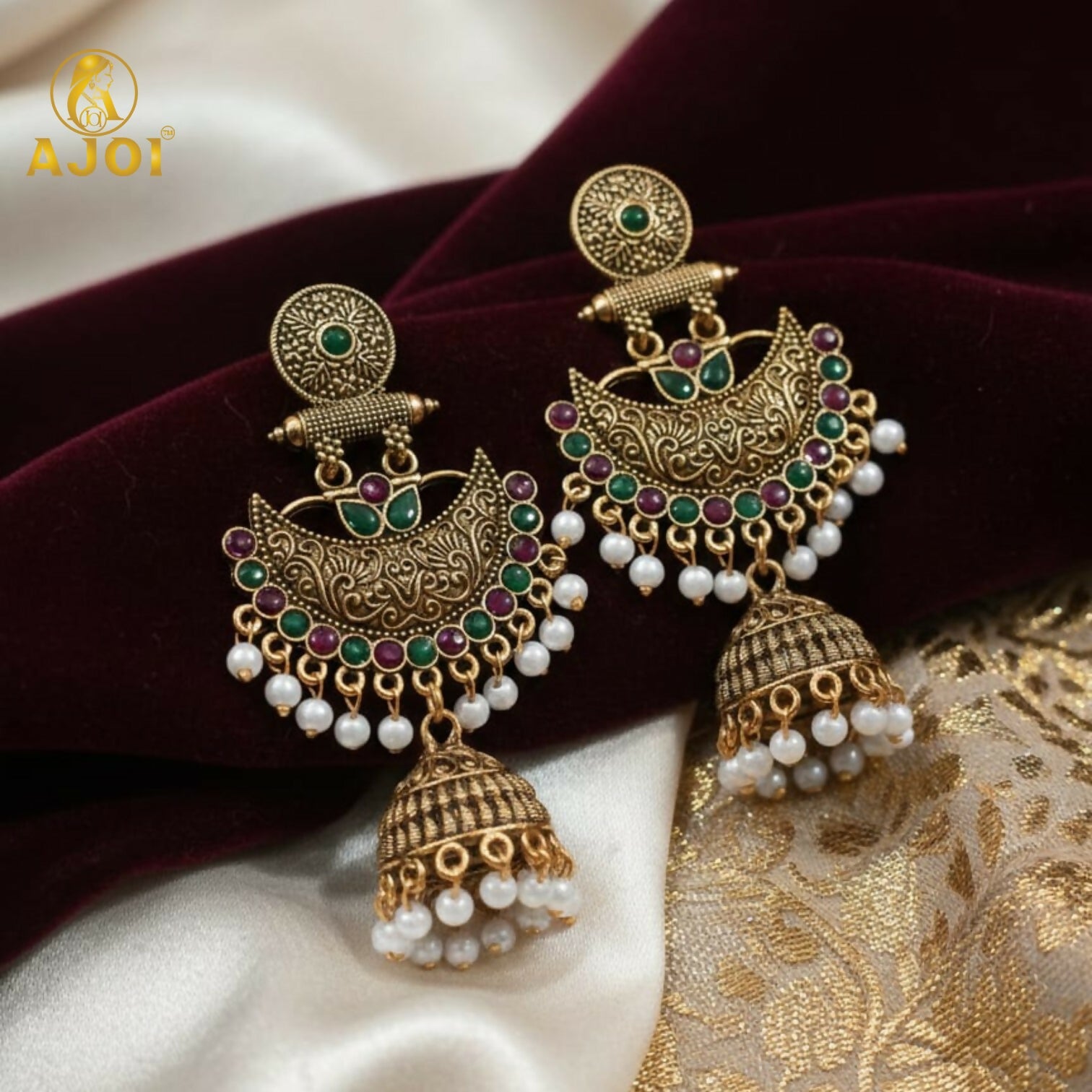Premium Antique Gold Chandbali Jhumka Earrings