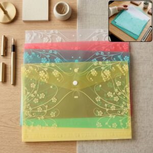 Floral Printed Transparent Document File Folder with Button Closure for Office & School Use (Mix Color/1Pc)