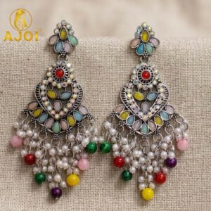 Multicolor Oxidized Statement Earrings with Beads & Pearl Tassels