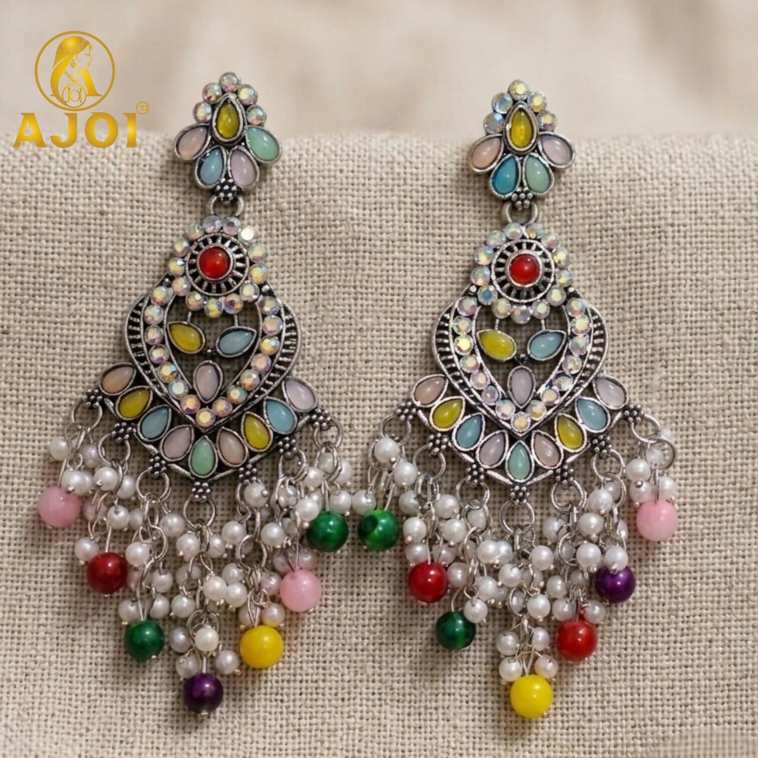 Multicolor Oxidized Statement Earrings with Beads & Pearl Tassels
