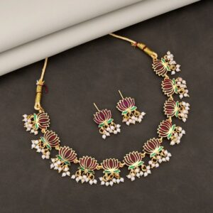 Gold-Toned maroon-Green Enamel Lotus & Pearl Choker Set