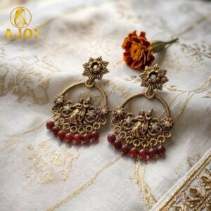 Maroon Bead Radha Krishna Antique Chandbali Earrings with Floral Studs for Festive Wear