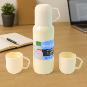 White Vacuum Flask Set – Stainless Steel Thermos with 3 Cups, Approx 500ml