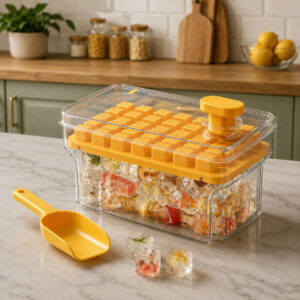 Yellow Ice Cube Tray Box with Lid & Scoop for Freezer Storage