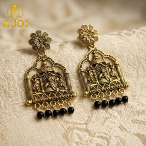 Antique Temple Doli Design Earrings with Black Bead Drops for Ethnic Festive Wear